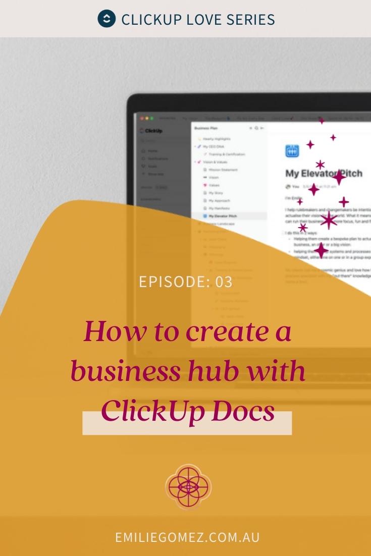 Let’s talk about Docs. And I’m not talking about Google Docs. ClickUp also has its own Docs, which makes it the perfect tool for your small business hub. In this episode, I share why Docs make ClickUp a better tool for your business hub than Asana or Trello, what you can do with Docs and the type of Docs I use in my business. Watch to find out more. #smallbusiness #organiseyourbiz #clickup