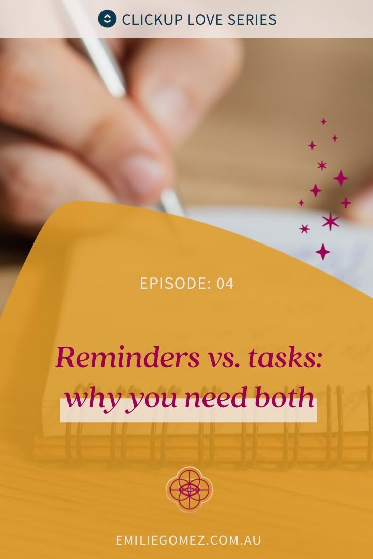 Reminders and tasks are different and ClickUp has both, unlike other project management tools like Asana. Watch this episode of the ClickUp Love Series to find out the difference between reminders and tasks, and why reminders are essential to help you upgrade your mindset and run your business like the CEO that you are. #timemanagement #smallbusiness #clickup
